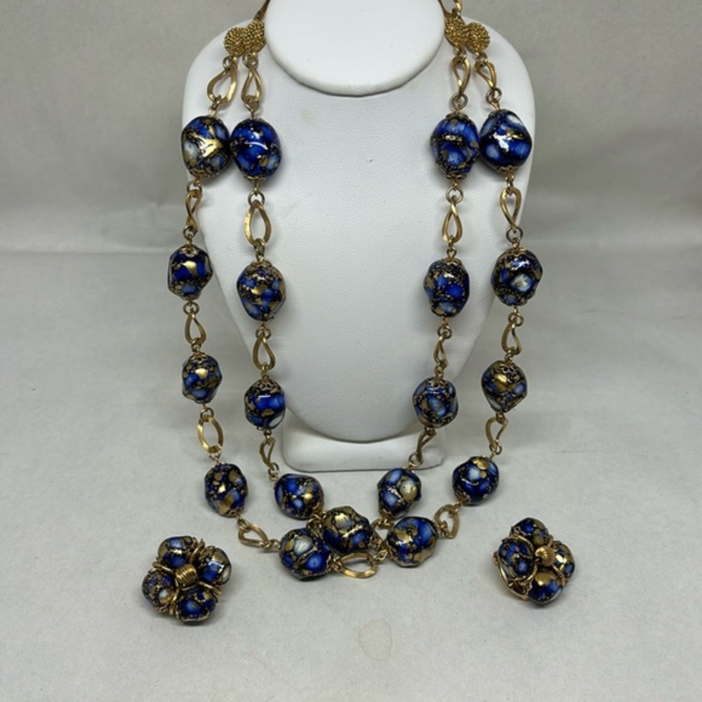 Vintage MCM Elegant Blue and Gold Foil Statement Collar Necklace and Earrings